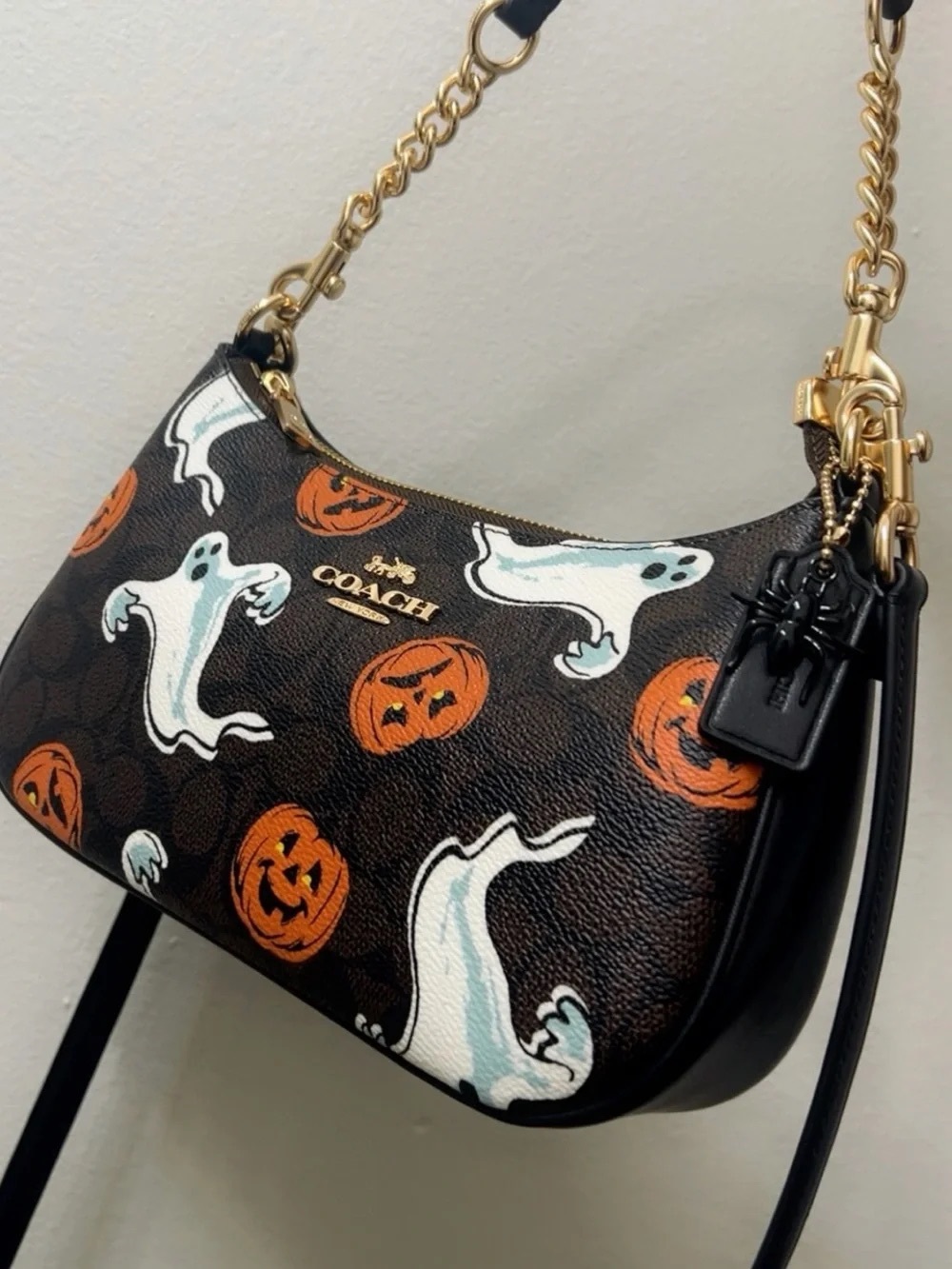 Coach Black Leather Shoulder Bag with White Ghosts & Orange Pumpkin Faces - Picture 5 of 5